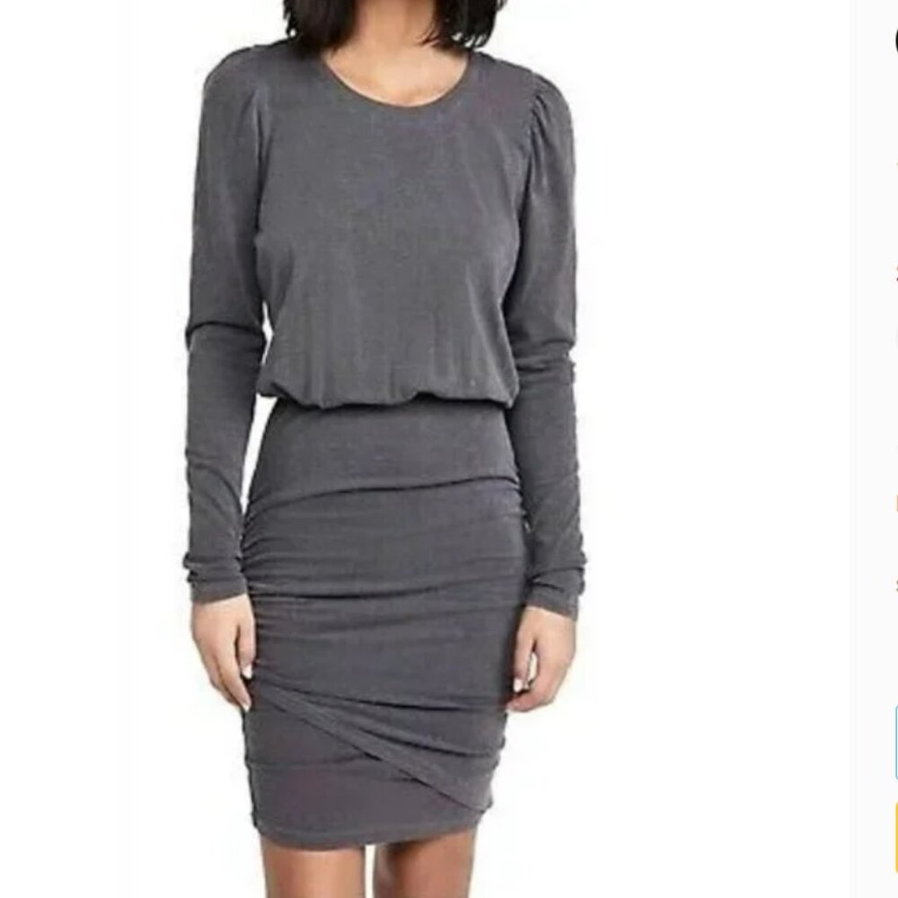 Sundry Gray Ruched Sheath Dress with Bishop Sleeves Size 3 Large